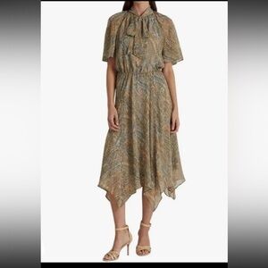 NWT Lauren Ralph Lauren Women’s Sz 8 Paisley Crinkle Georgette Tie-Neck Dress